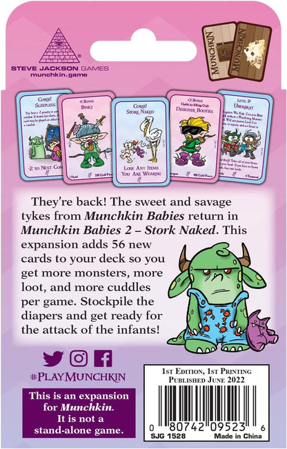 The back of the Munchkin Babies 2 Stork Naked game box displays several illustrated game cards and a large green baby monster with horns in a blue onesie