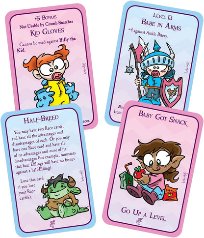 Munchkin Babies 2 Stork Naked game cards depict a baby in gloves, a baby knight, a half-breed creature, and a baby elf eating