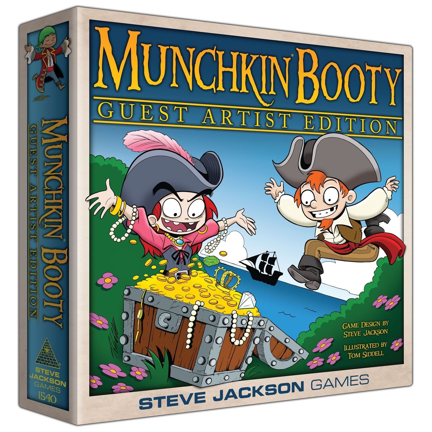 Munchkin Booty Guest Artist Edition game box with two cartoon pirates next to a treasure chest overflowing with gold, a ship, and flowers