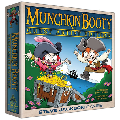 Munchkin Booty Guest Artist Edition game box with two cartoon pirates next to a treasure chest overflowing with gold, a ship, and flowers