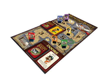 The Munchkin Booty Guest Artist Edition board game features a pirate map, character pawns, and stacks of Doors and Treasures cards on a white background
