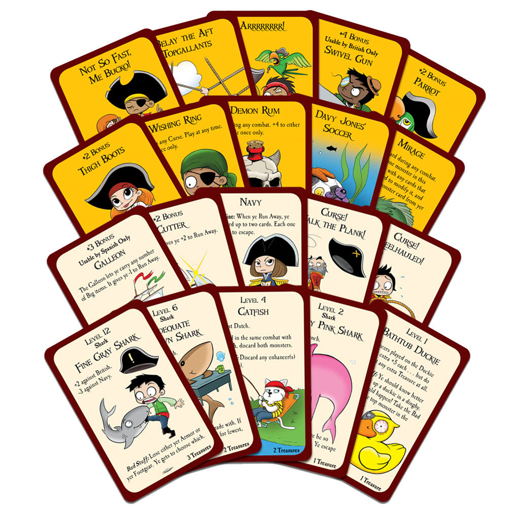 A fan of Munchkin Booty Guest Artist Edition cards featuring pirate-themed characters, monsters, and items like sharks, ducks, and galleons