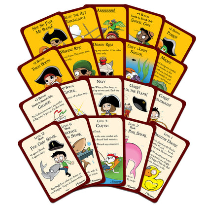 A fan of Munchkin Booty Guest Artist Edition cards featuring pirate-themed characters, monsters, and items like sharks, ducks, and galleons