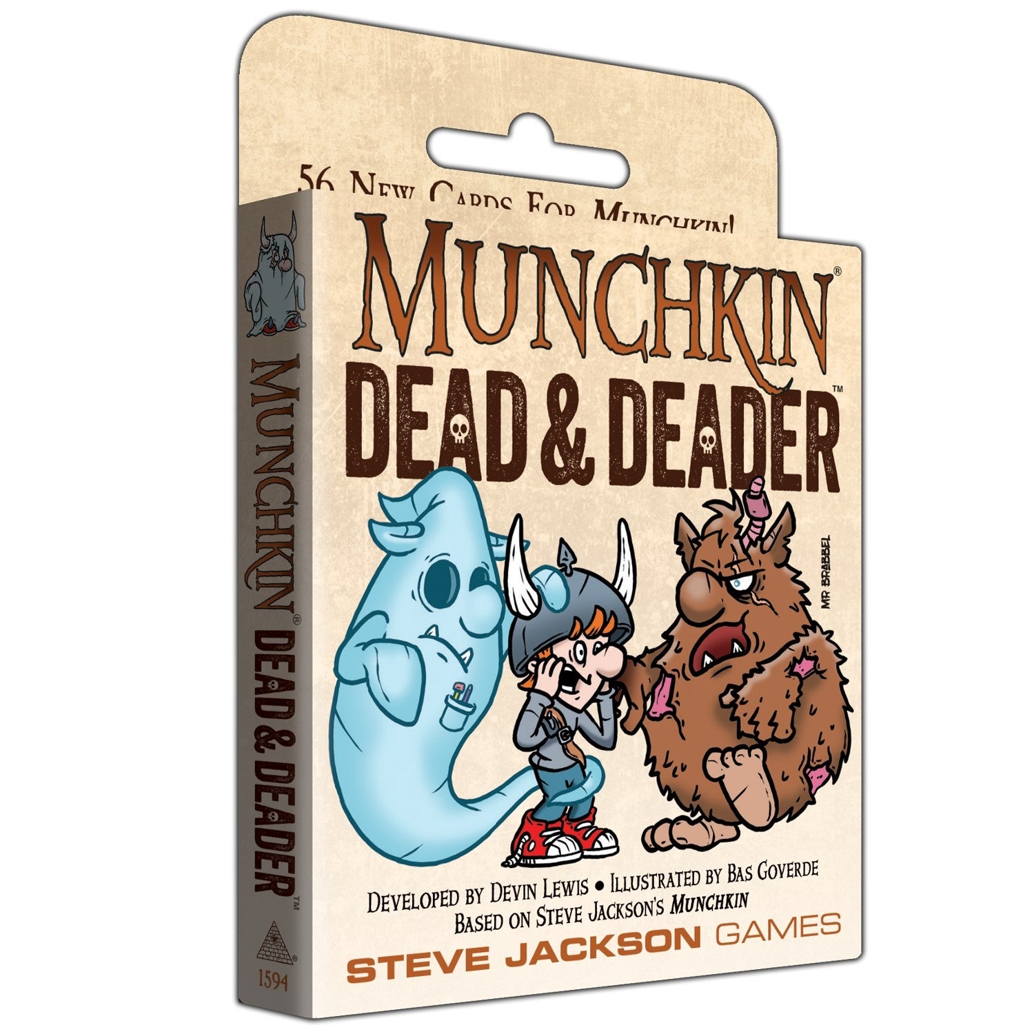 The Munchkin Dead & Deader game expansion box shows a blue ghost, a kid in a horned helmet, and a brown zombie monster on a tan background