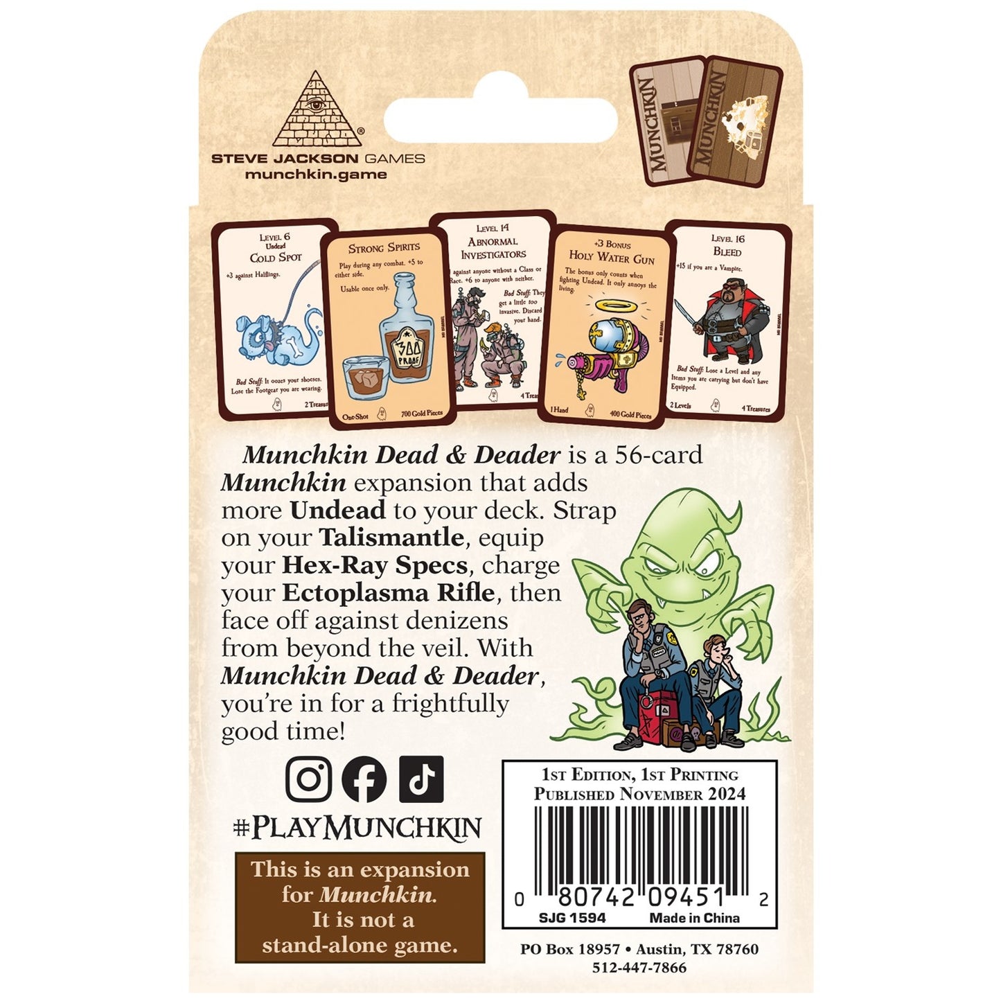 The back of the Munchkin Dead & Deader game expansion box featuring several game cards, a green ghost monster, and two figures in uniform