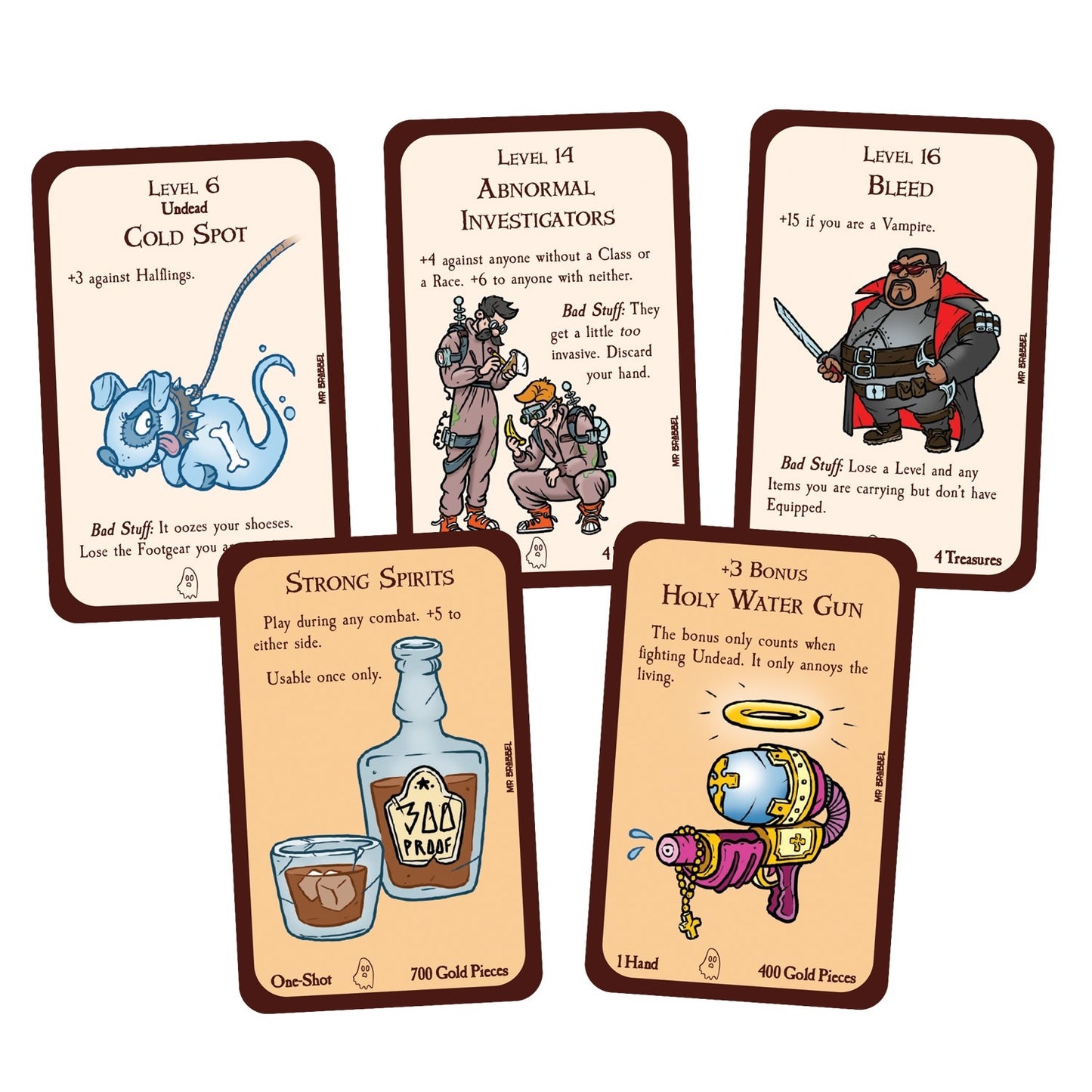 Five Munchkin Dead & Deader game cards are fanned out, displaying illustrations of a ghost dog, vampire hunter, abnormal investigators, a bottle of spirits, and a holy water gun