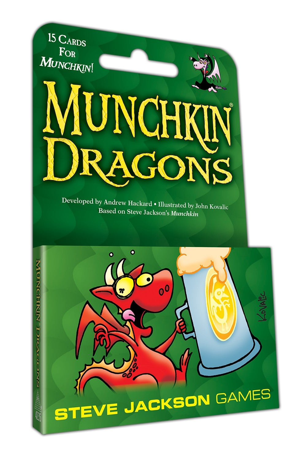 A green Munchkin Dragons hanging package above a matching tuck box featuring a red cartoon dragon holding a frothy blue mug of ale
