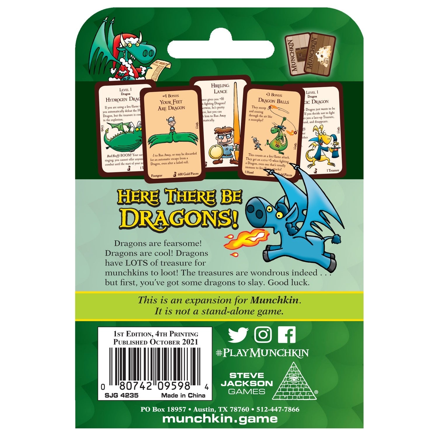 The back of a Munchkin Dragons Tuck Box featuring a green dragon, four game cards with characters, a blue dragon breathing fire, and text about the game