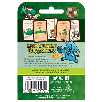 The back of a Munchkin Dragons Tuck Box featuring a green dragon, four game cards with characters, a blue dragon breathing fire, and text about the game