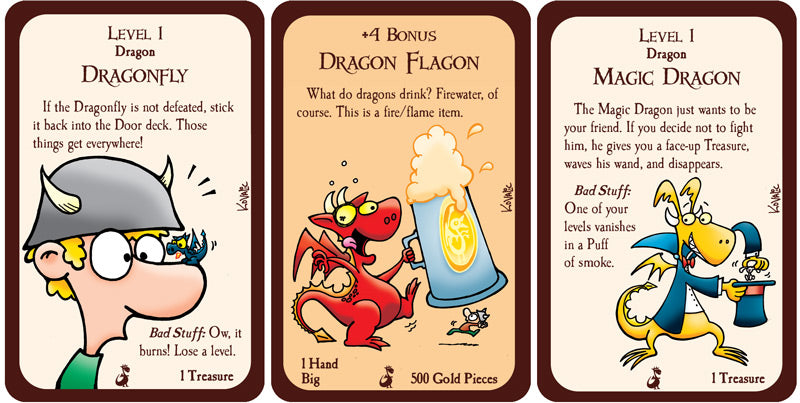 Three Munchkin Dragons game cards showing a person with a dragonfly on their nose, a red dragon with a beer stein, and a yellow dragon doing a magic trick