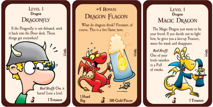 Three Munchkin Dragons game cards showing a person with a dragonfly on their nose, a red dragon with a beer stein, and a yellow dragon doing a magic trick