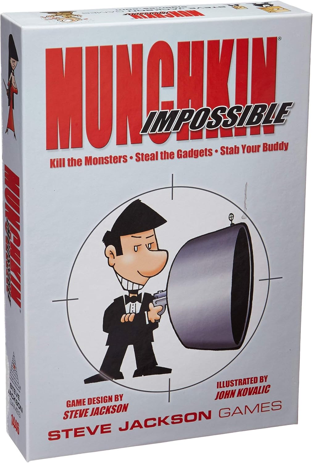 Munchkin Impossible game box: A cartoon spy in a tuxedo with a gun, aiming through crosshairs
