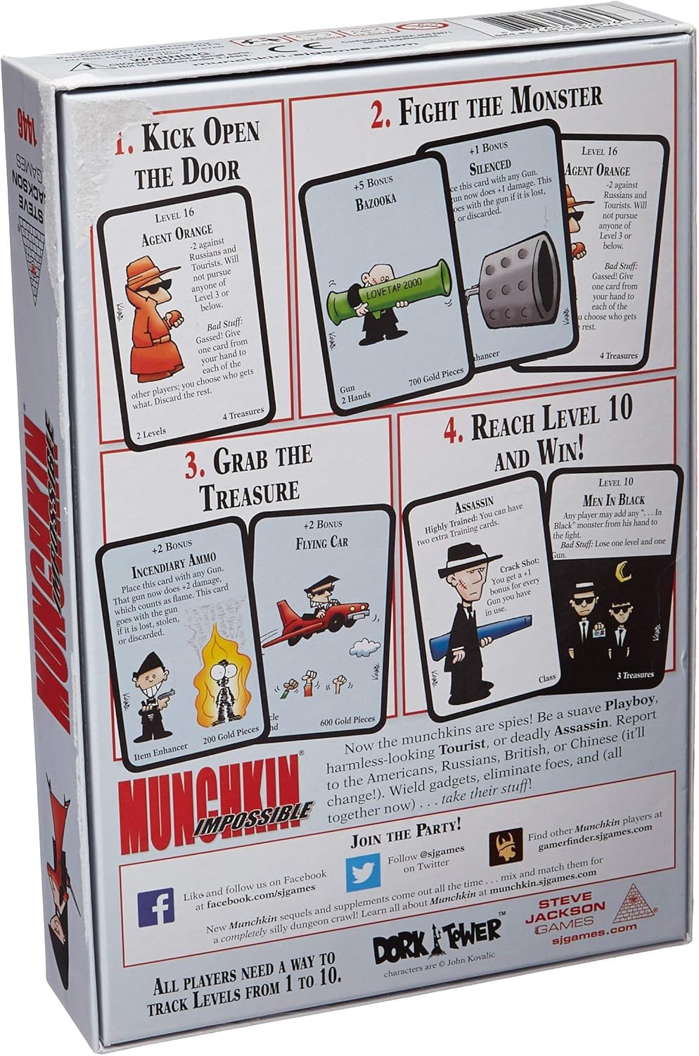 Back of a "Munchkin Impossible" board game box, showing colorful character & item cards and game rules