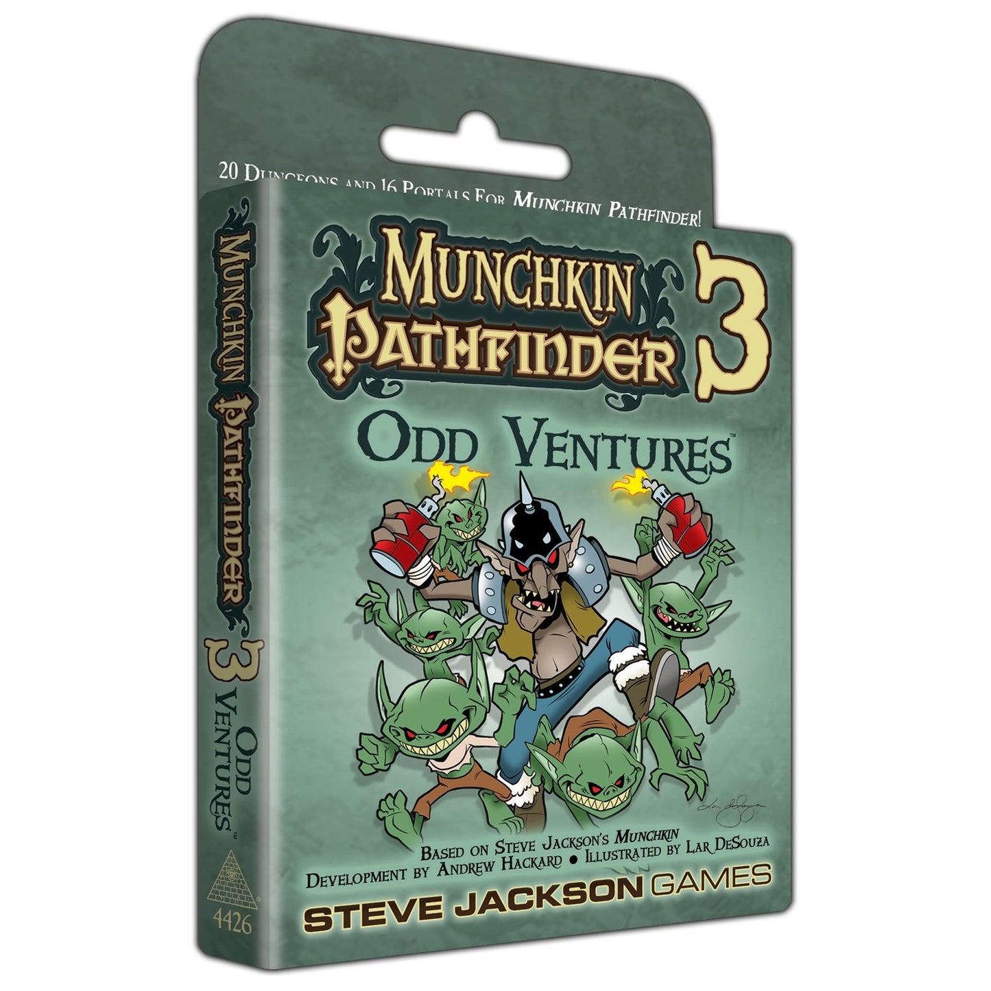 A card game box for Munchkin Pathfinder 3 Odd Ventures showing a large goblin with bombs surrounded by smaller goblins