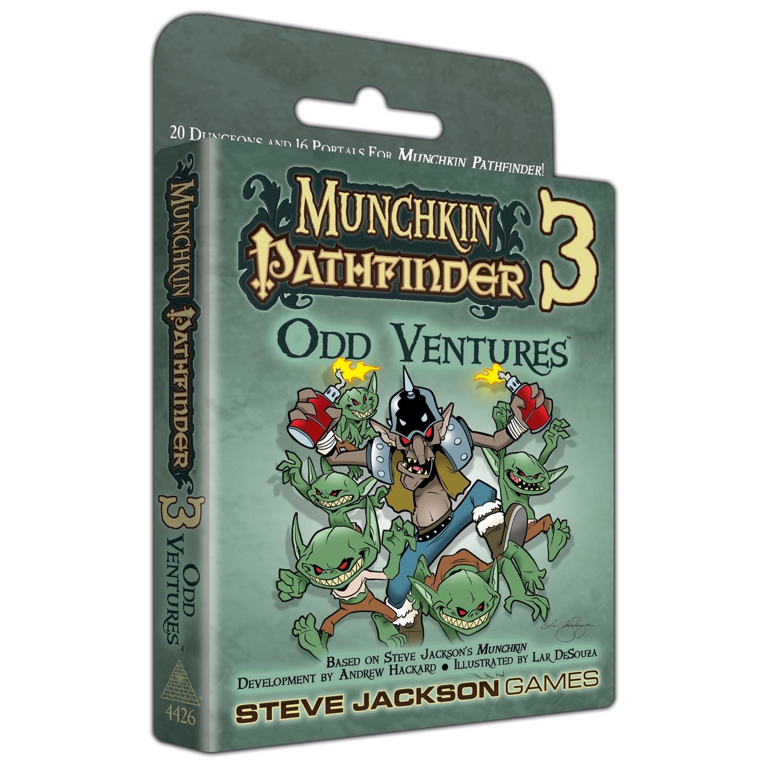 A card game box for Munchkin Pathfinder 3 Odd Ventures showing a large goblin with bombs surrounded by smaller goblins