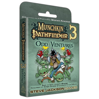 A card game box for Munchkin Pathfinder 3 Odd Ventures showing a large goblin with bombs surrounded by smaller goblins