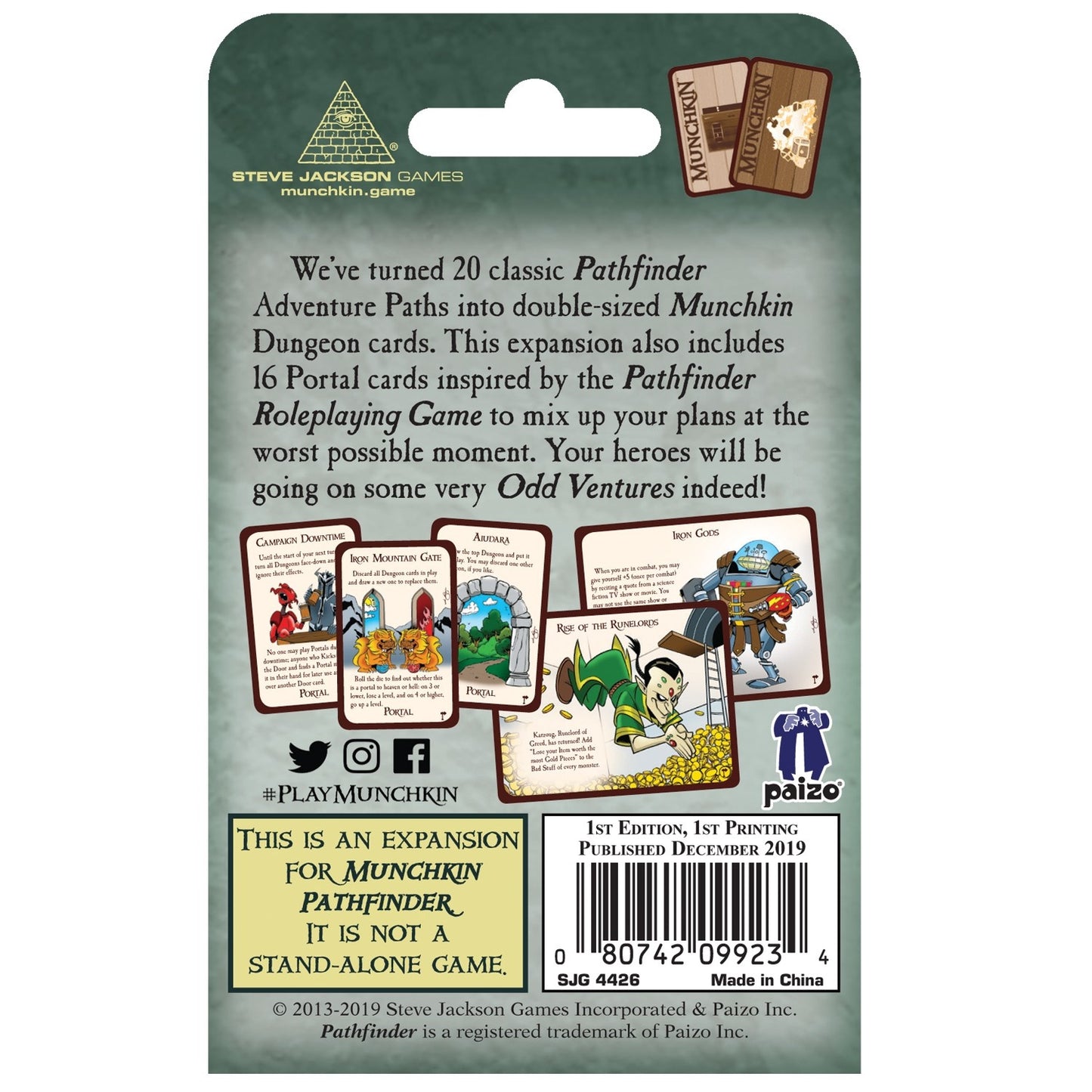 The back of a Munchkin Pathfinder 3 Odd Ventures expansion pack with descriptive text, several illustrated game cards, and a barcode