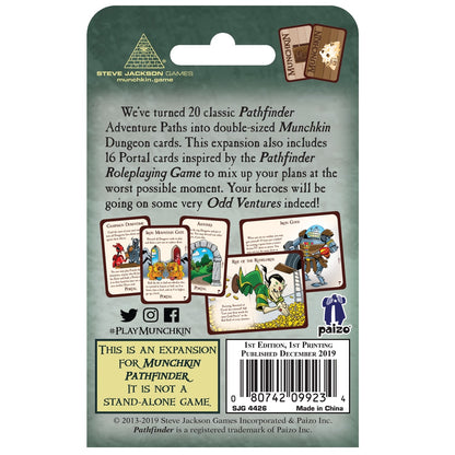 The back of a Munchkin Pathfinder 3 Odd Ventures expansion pack with descriptive text, several illustrated game cards, and a barcode