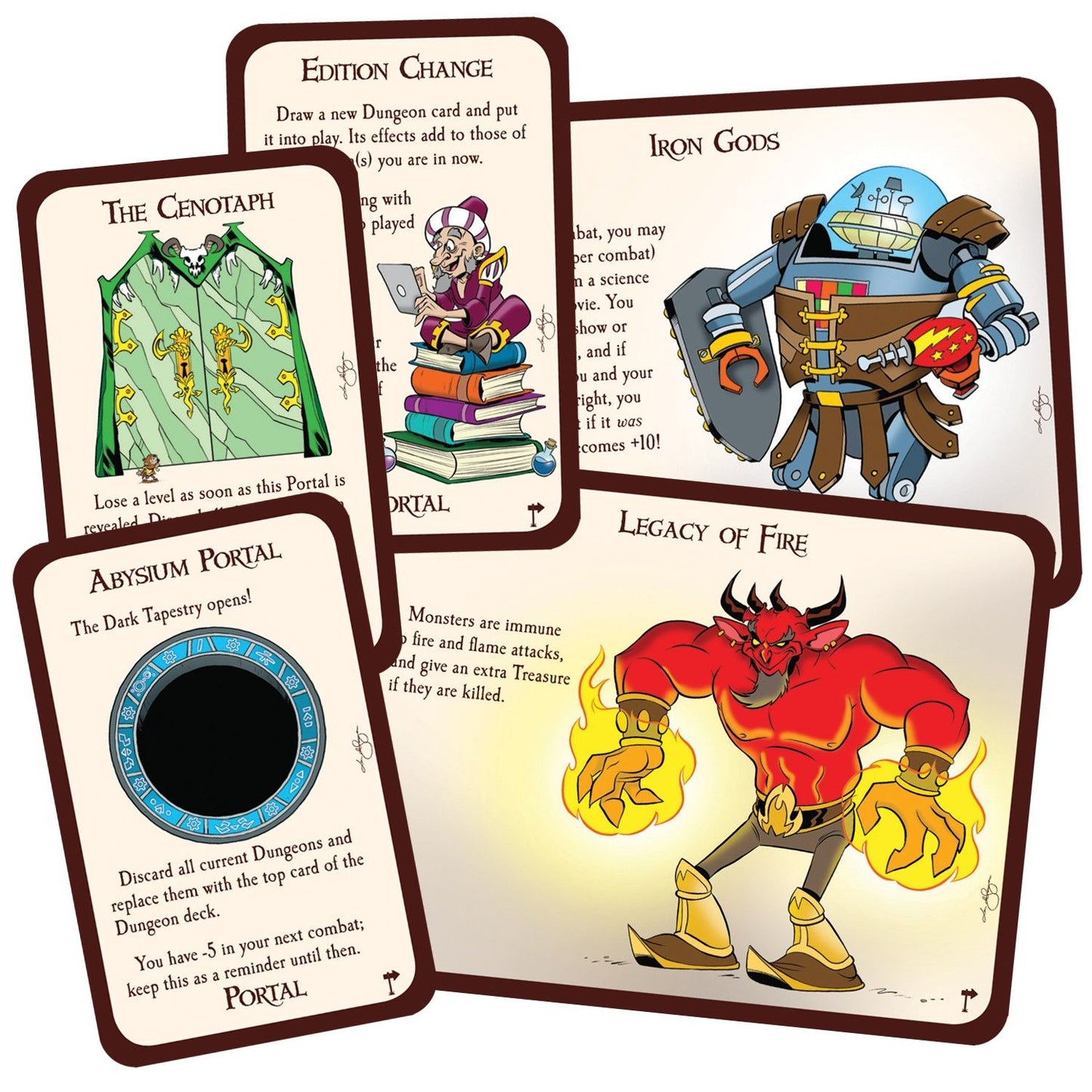 Munchkin Pathfinder 3 Odd Ventures cards fanned out, featuring a green monster, a wizard, a robot, a black portal, and a red demon