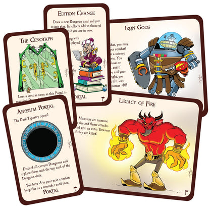 Munchkin Pathfinder 3 Odd Ventures cards fanned out, featuring a green monster, a wizard, a robot, a black portal, and a red demon