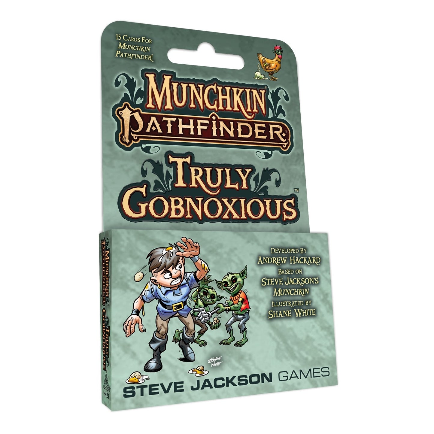 A card pack for Munchkin Pathfinder Truly Gobnoxious featuring a cartoon man battling goblins and a chicken on the hanger tab