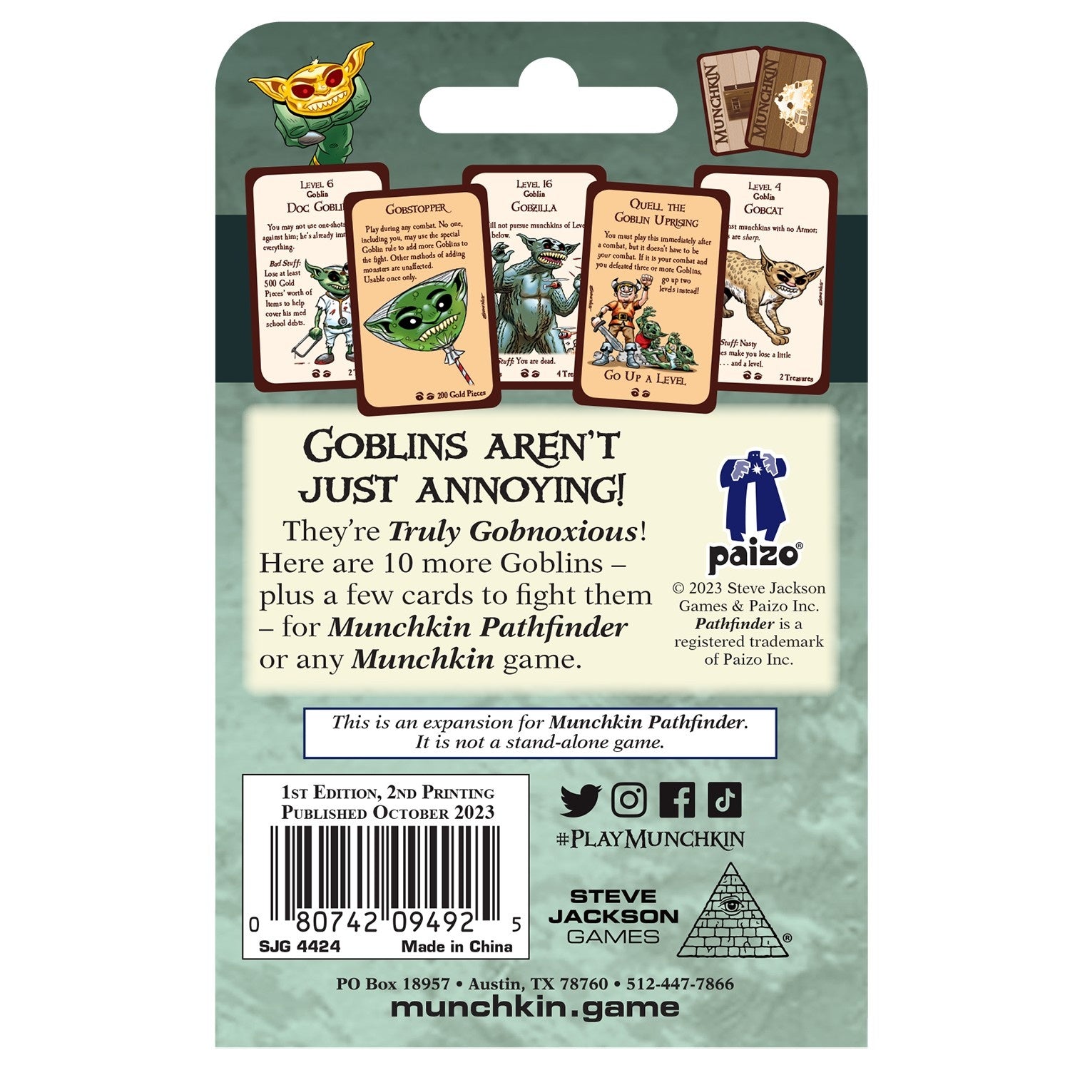The back of a game expansion shows five goblin-themed cards and text including Truly Gobnoxious, along with a barcode and social media icons