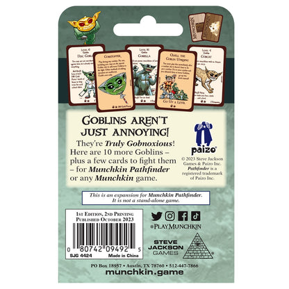 The back of a game expansion shows five goblin-themed cards and text including Truly Gobnoxious, along with a barcode and social media icons