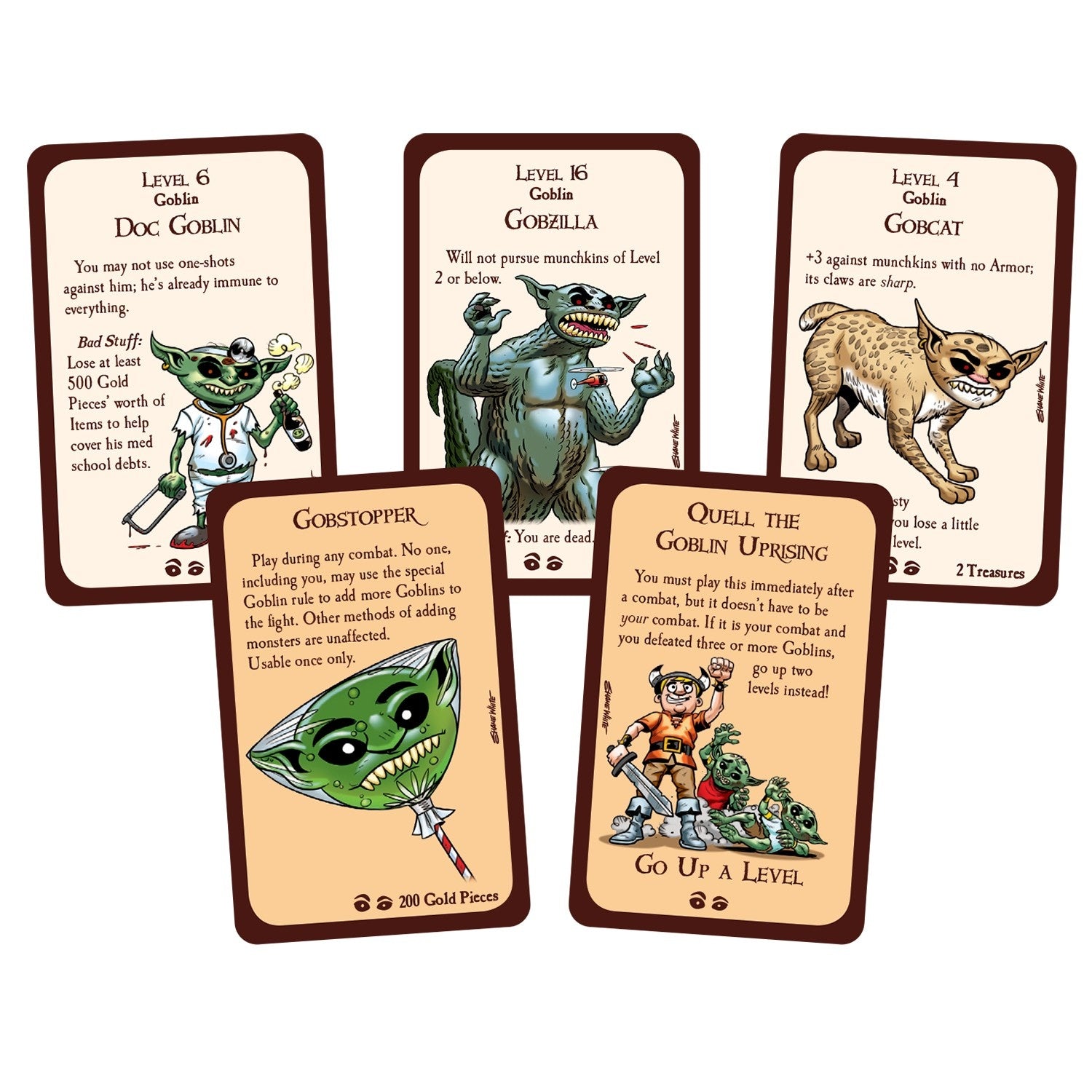 Five Munchkin Pathfinder Truly Gobnoxious cards are fanned out, showing various goblin monsters and two action cards including a goblin head lollipop and a hero fighting goblins