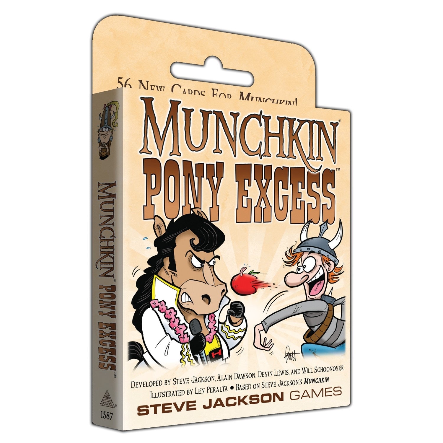 Munchkin Pony Excess card game box showing a cartoon horse dressed as Elvis throwing an apple at a laughing man in a Viking helmet
