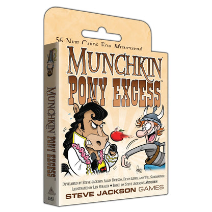 Munchkin Pony Excess card game box showing a cartoon horse dressed as Elvis throwing an apple at a laughing man in a Viking helmet