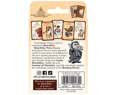 The back of the Munchkin Pony Excess card game expansion pack features horse-themed cards and a horse character in a suit smoking a cigar