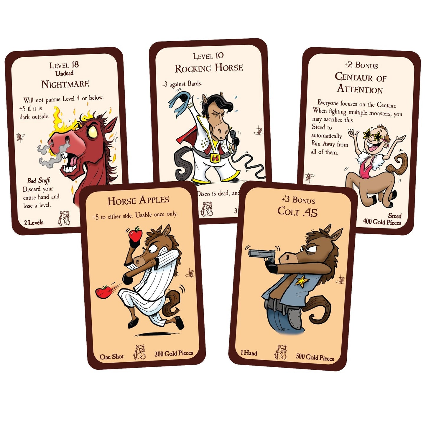 Five fantasy game cards featuring cartoon horse and centaur characters with various themes, fanned out on a white surface