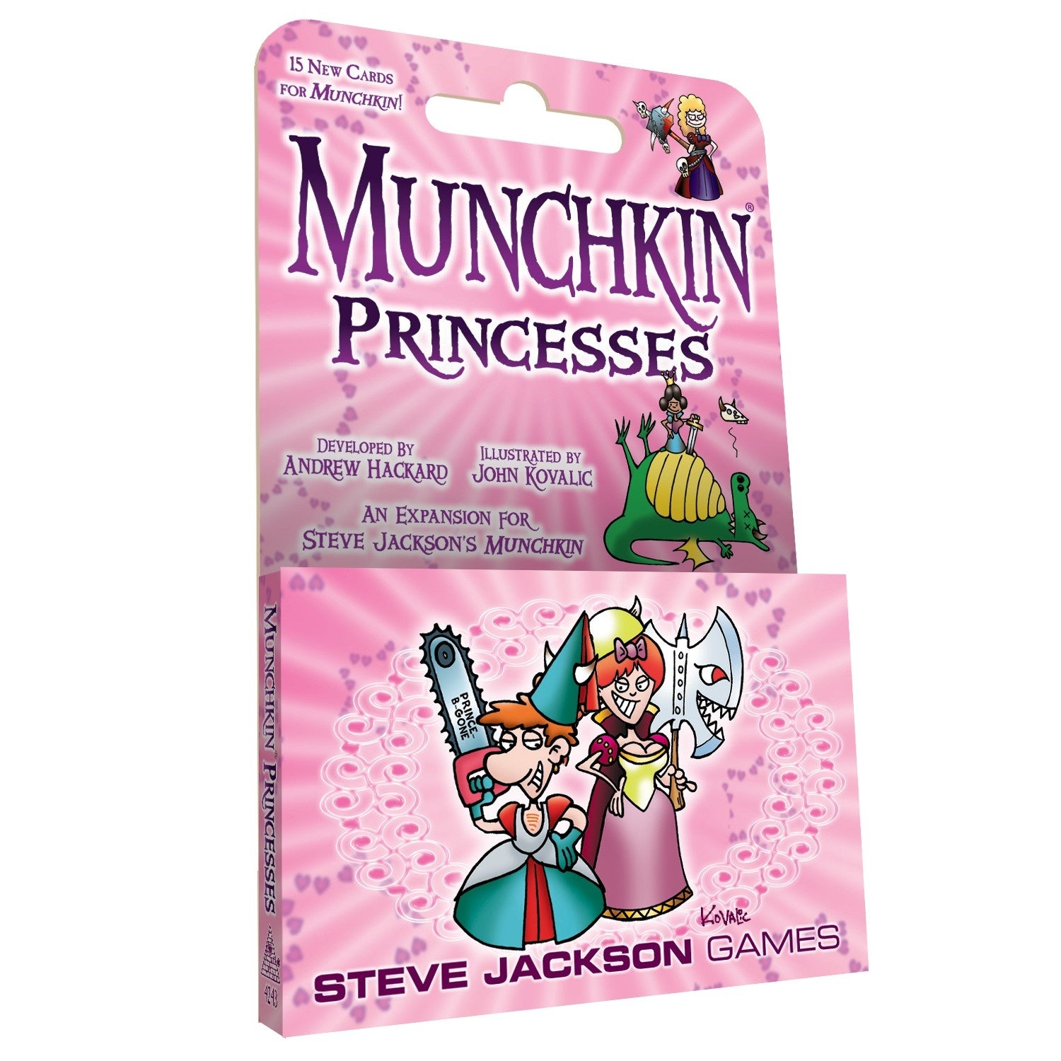Pink Munchkin Princesses card game packaging featuring cartoon princesses with a chainsaw, an axe, and riding a dragon, with hearts in the background