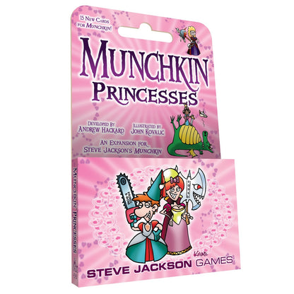 Pink Munchkin Princesses card game packaging featuring cartoon princesses with a chainsaw, an axe, and riding a dragon, with hearts in the background