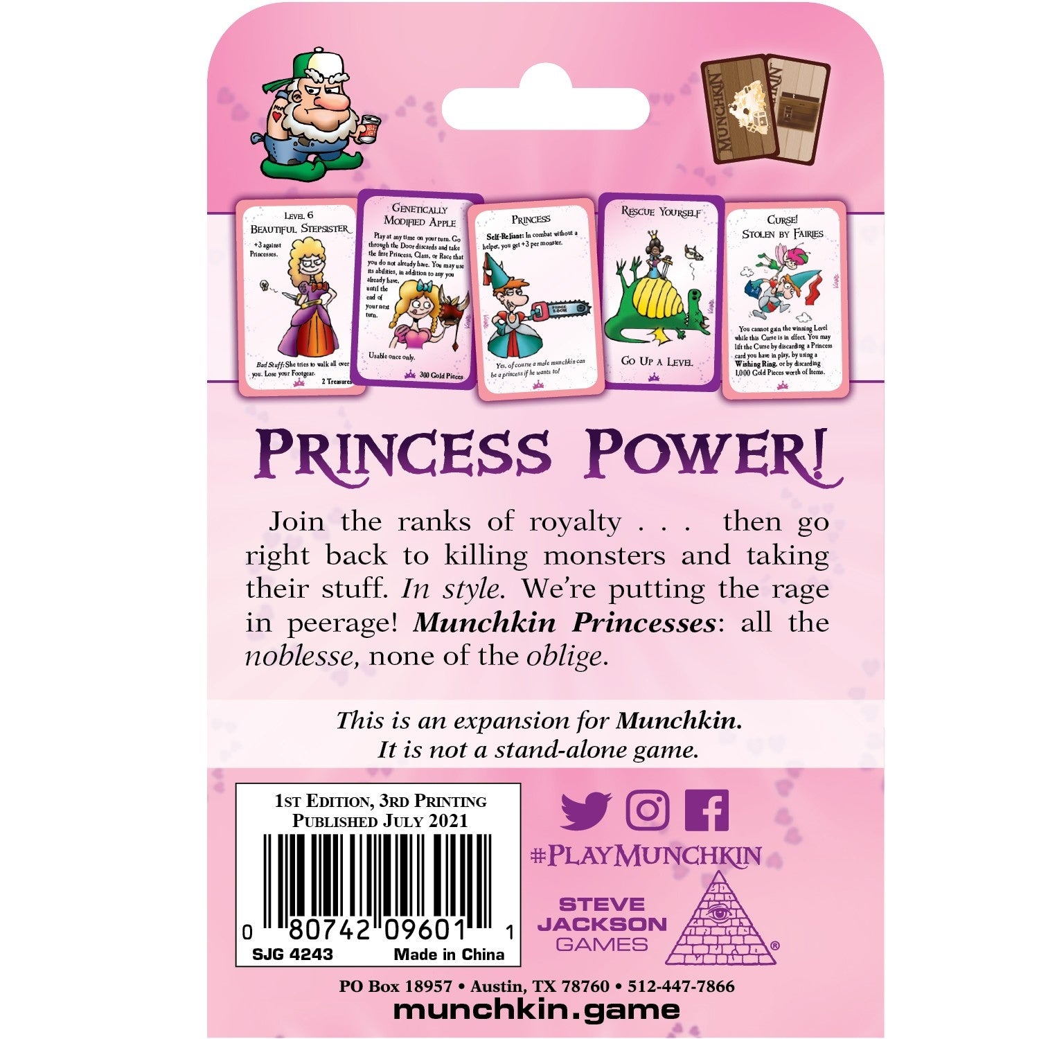 The back of Munchkin Princesses 2e packaging shows a cartoon goblin, five colorful game cards with fantasy characters, and text about the expansion