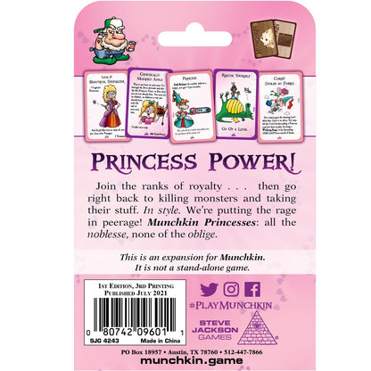 The back of Munchkin Princesses 2e packaging shows a cartoon goblin, five colorful game cards with fantasy characters, and text about the expansion