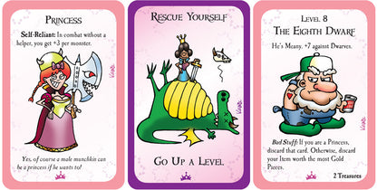 Three Munchkin cards show a princess with an axe, a princess slaying a dragon, and a grumpy dwarf holding a can of Near-Light beer