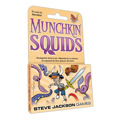 Munchkin Squids card game packaging with a squid holding a dagger on the hanger and a boy fighting tentacles on the accompanying box