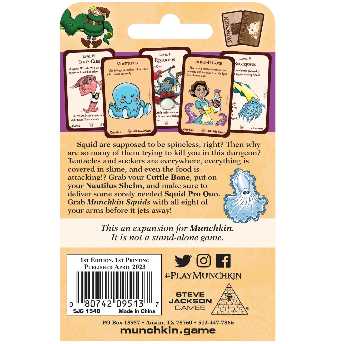 The back of a Munchkin Squids expansion box shows a cartoon character, four game cards with squid-like monsters, an illustrated squid, and descriptive text