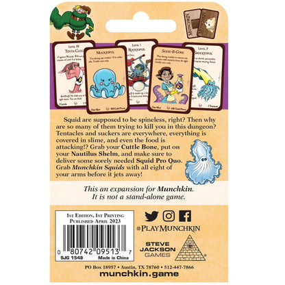 The back of a Munchkin Squids expansion box shows a cartoon character, four game cards with squid-like monsters, an illustrated squid, and descriptive text