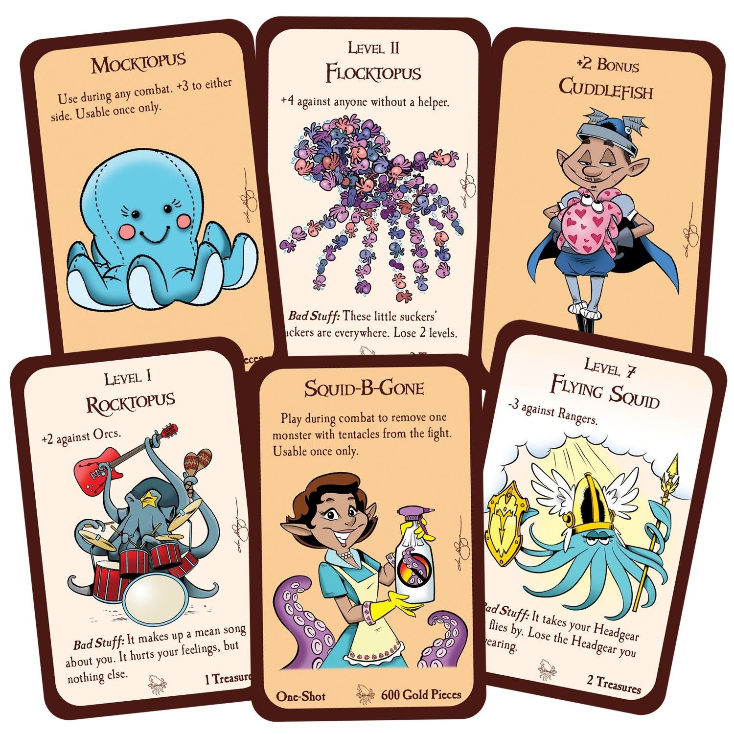Six Munchkin Squids game cards are fanned out, depicting cartoon squids and octopuses in various humorous scenarios