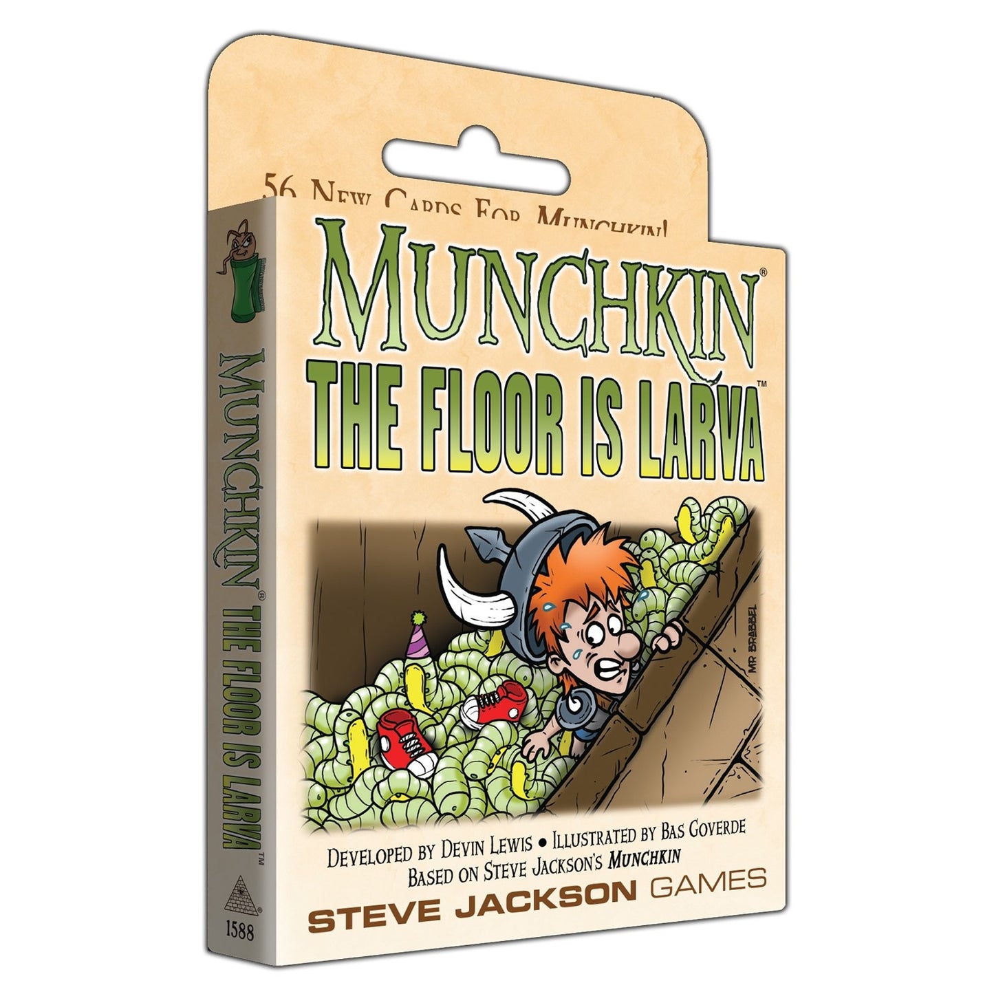 Munchkin The Floor Is Larva game expansion box showing a character with a horned helmet climbing to avoid green larva on the floor
