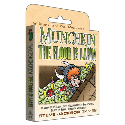 Munchkin The Floor Is Larva game expansion box showing a character with a horned helmet climbing to avoid green larva on the floor