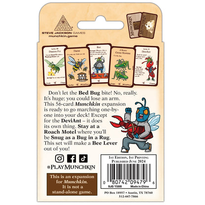 Back of Munchkin The Floor Is Larva game box showing insect-themed cards, a running cartoon bug character holding a crab, descriptive text, and a product barcode