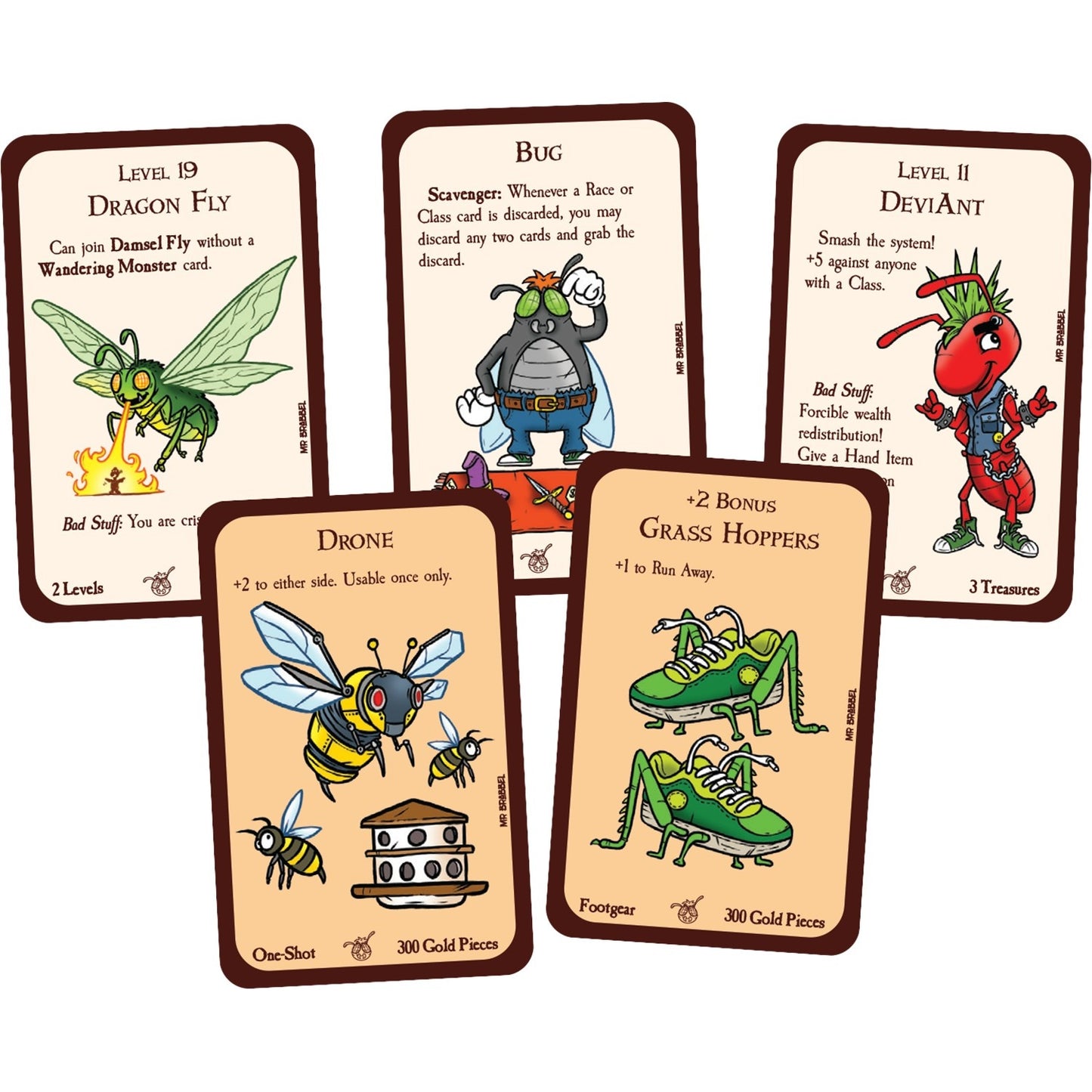 Five Munchkin The Floor Is Larva game cards are fanned out, showing cartoon insect characters like a fire-breathing dragonfly, a scavenger bug, a punk ant, a drone bee, and grasshopper shoes