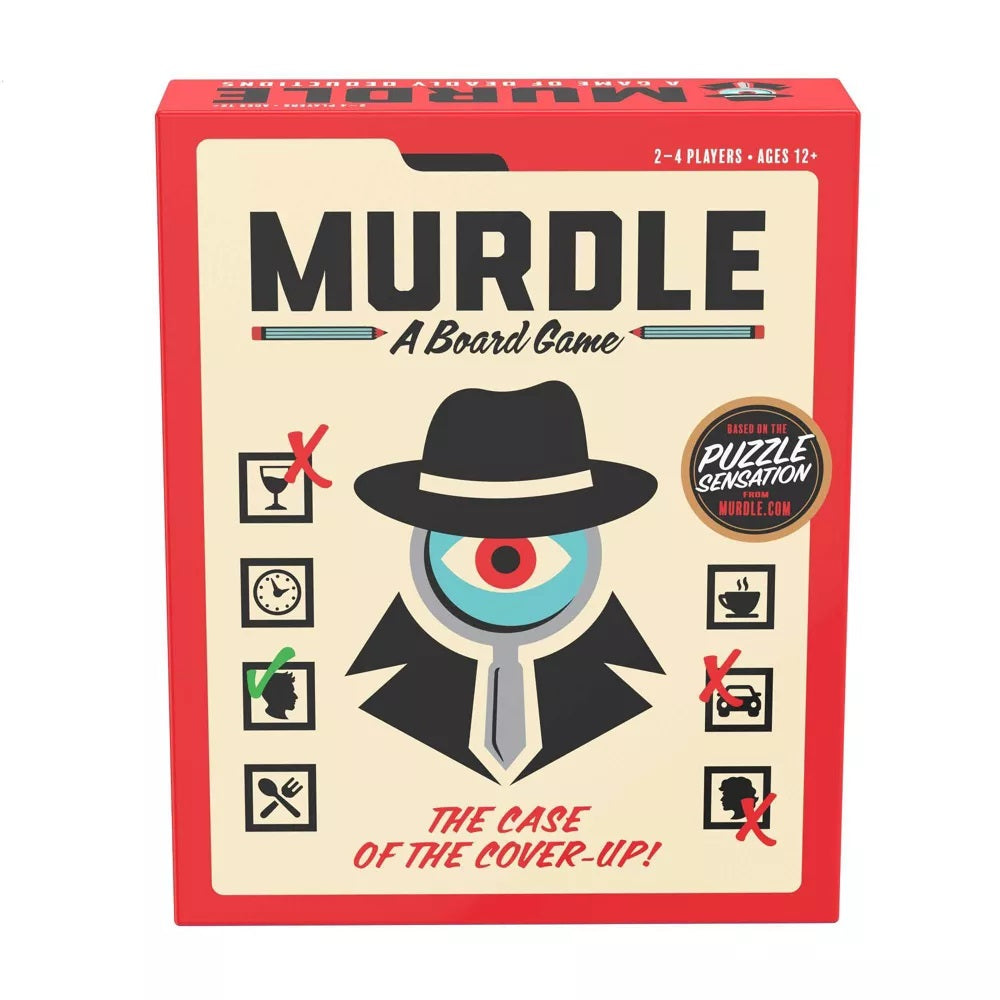 Murdle: A Board Game box features a noir-style detective with a magnifying glass revealing a large eye. Text: 'The Case of the Cover-Up!