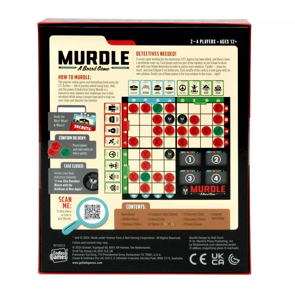 Back of "Murdle: A Board Game" box with a deduction grid, red/green tokens, gameplay instructions and contents list