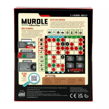 Back of "Murdle: A Board Game" box with a deduction grid, red/green tokens, gameplay instructions and contents list
