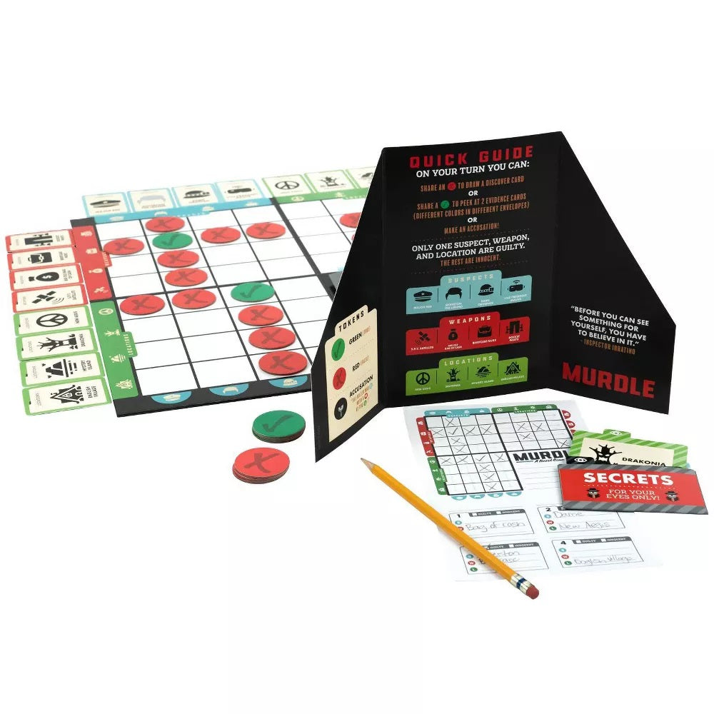 A "MURDLE" mystery board game setup. It features a grid board with red X's and green checks, guide, tokens, cards and a pencil