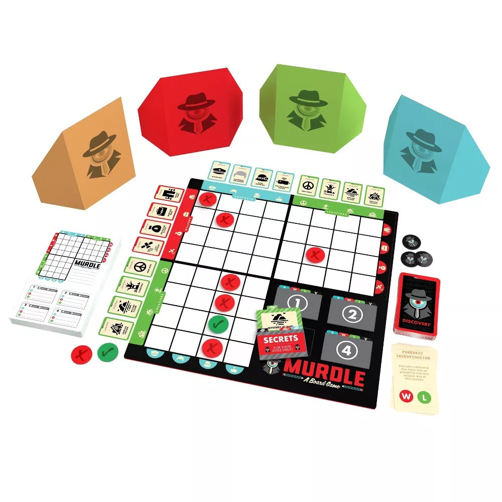 Murdle board game set up: A grid board with red X's and a green checkmark, discovery cards and colorful spy tokens